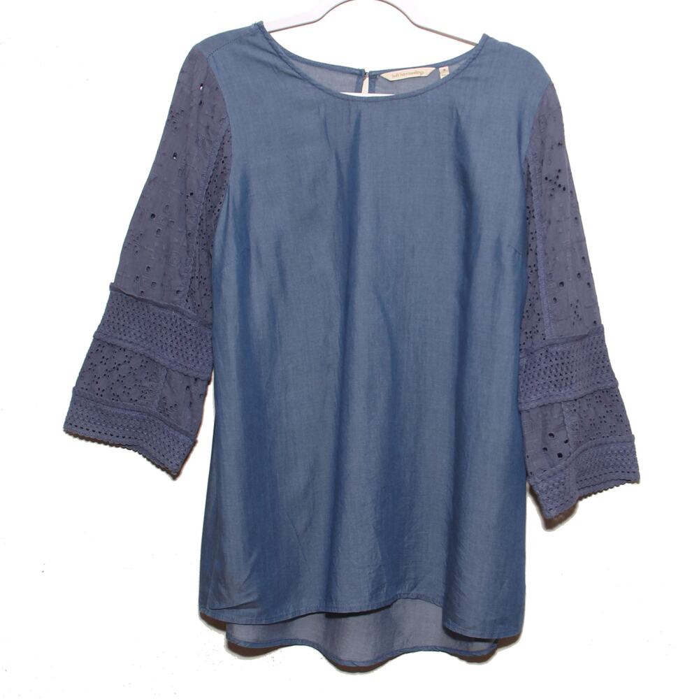 Soft Surroundings Blue Tunic Top Size Medium 3/4 lace sleeve